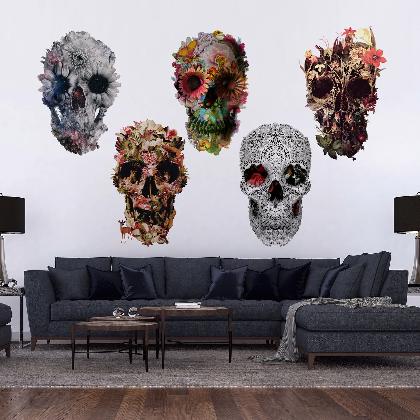 Skull Wall Decal Set, Set Of 5 Floral Skull Wall Sticker, Sugar Skull Wall Art Home Decor, Skull Wall Art Gift, Boho Flower Skull Wall Decal