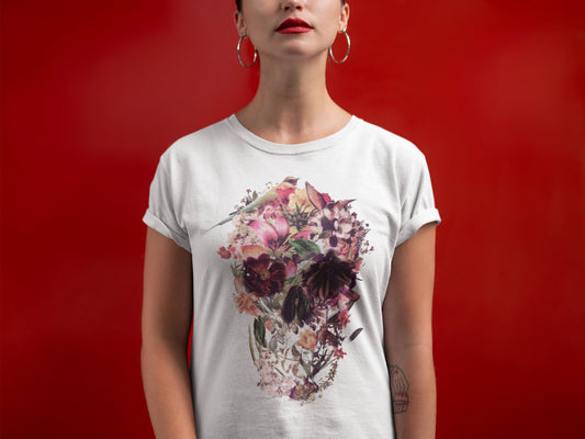 Flower Skull Print Womens T shirt, Sugar Skull Art Tshirt Gift For Her, Floral Skull Print Boho Graphic Tee, Bella Canvas T-Shirt