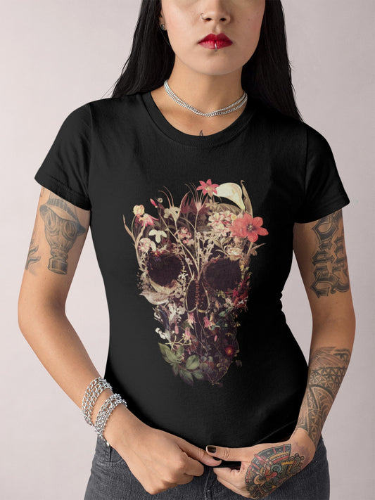 Bloom Skull Womens T-Shirt, Sugar Skull Art Tshirt Gift For Her, Floral Skull Print Boho Graphic Tee, Flower Skull Bella Canvas T-Shirt