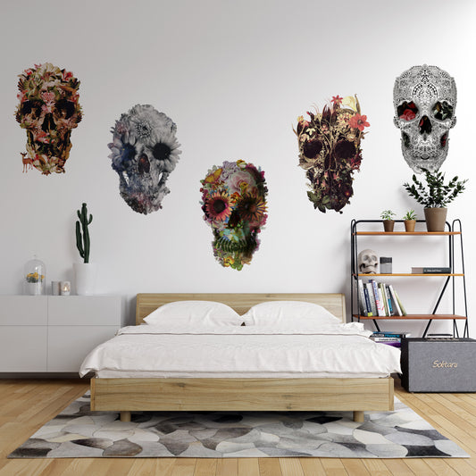 Skull Wall Decal Set, Set Of 5 Floral Skull Wall Sticker, Sugar Skull Wall Art Home Decor, Skull Wall Art Gift, Boho Flower Skull Wall Decal