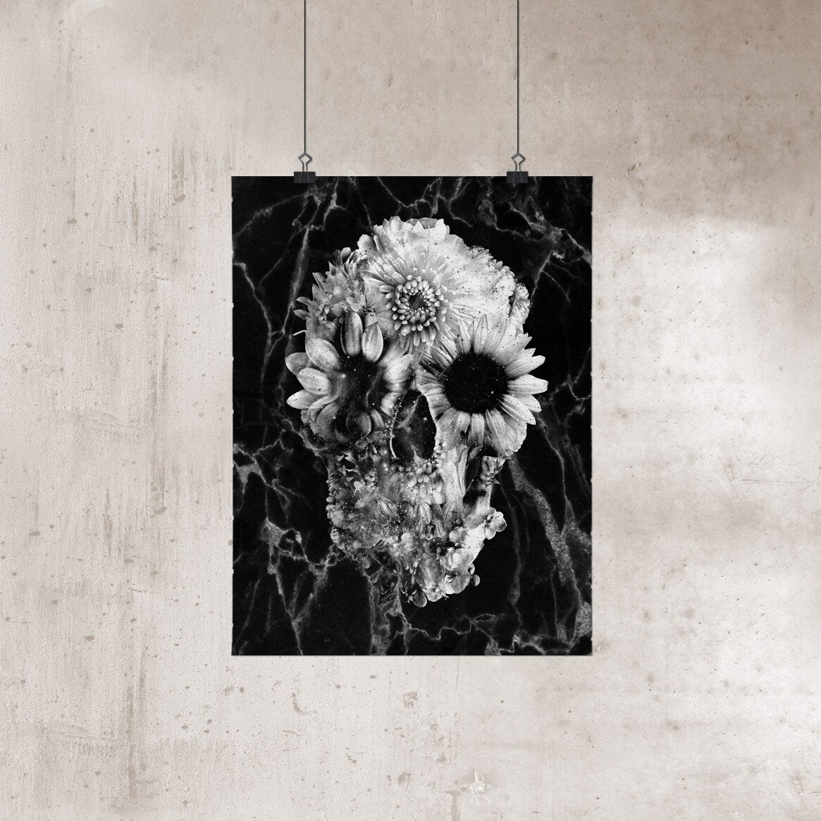 Flower Skull Poster Set, Black And White Skull Art Print Set Of 2, Botanical Sugar Skull Home Decor Wall Art Gift, Gothic Skull Wall Decor