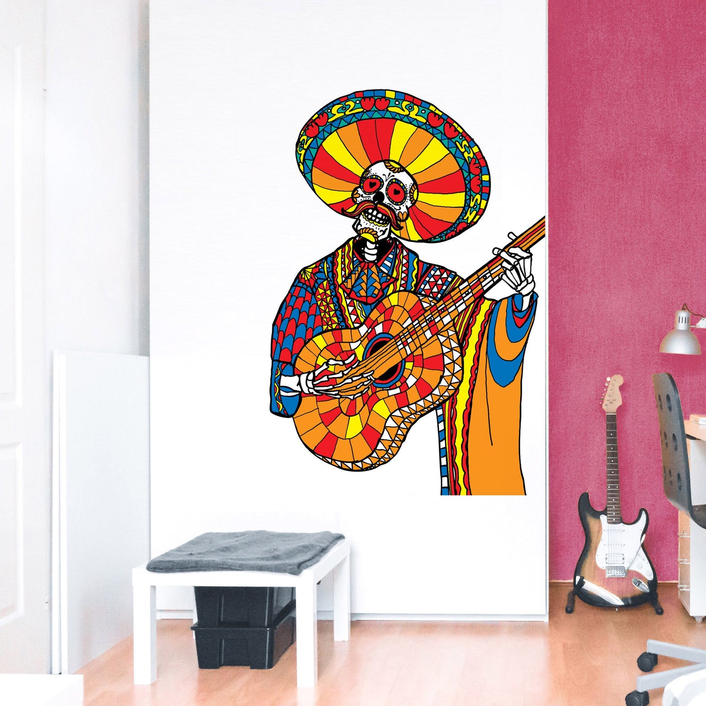 Mariachi Wall Decal, Sugar Skull Wall Sticker, Colorful Skull Wall Art Home Decor, Mexican Skull Wall Art Gift, Day Of Dead Skull Wall Decal