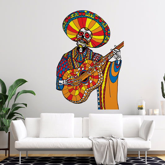 Mariachi Wall Decal, Sugar Skull Wall Sticker, Colorful Skull Wall Art Home Decor, Mexican Skull Wall Art Gift, Day Of Dead Skull Wall Decal