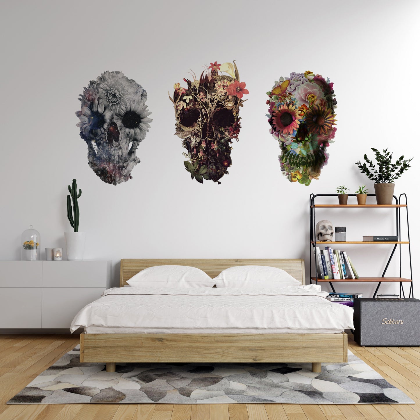 Set Of 3 Wall Decal Set, Floral Skull Wall Sticker, Sugar Skull Wall Art Home Decor, Skull Wall Art Gift, Boho Flower Skull Wall Decal
