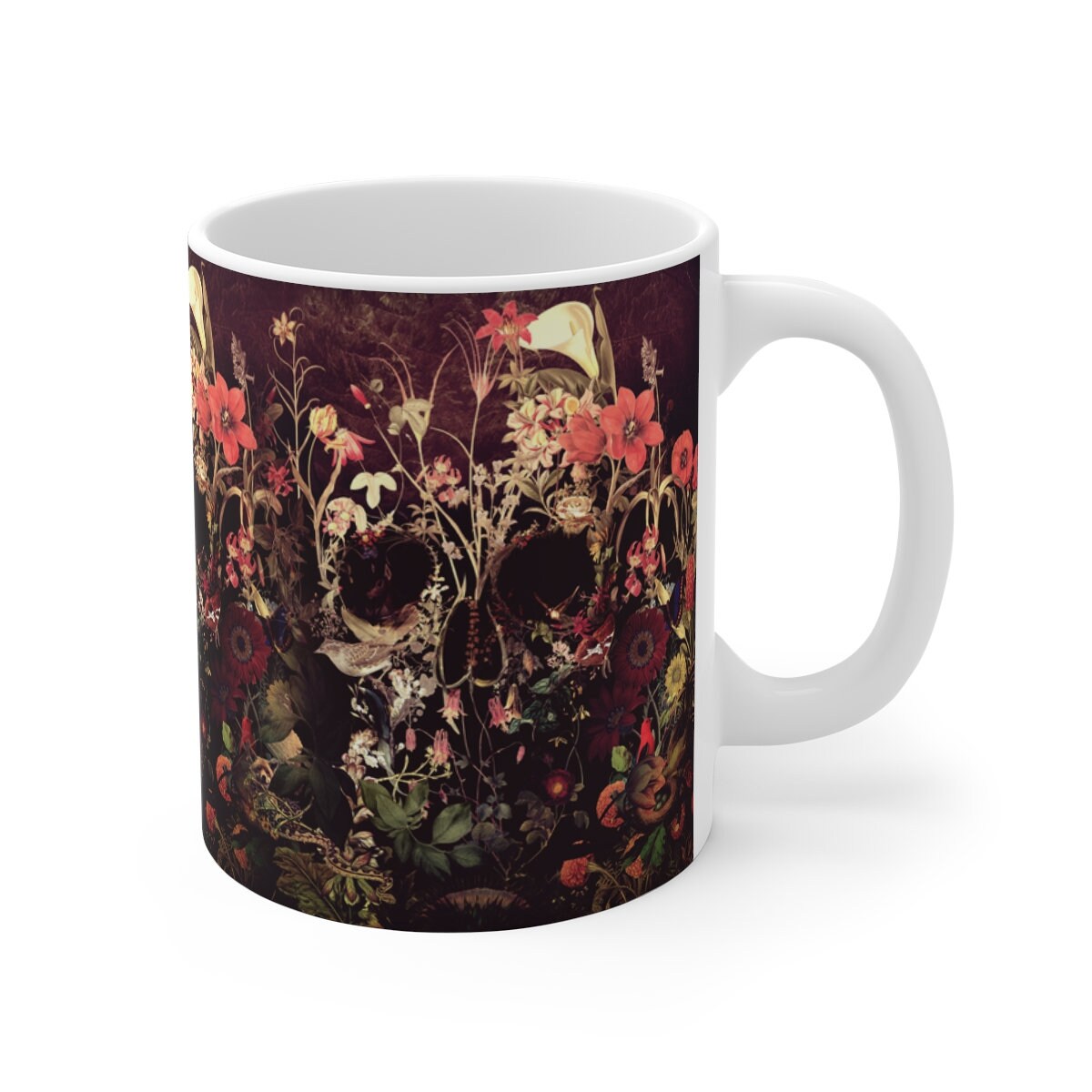 Floral Skull Mug, Flower Sugar Skull Mug Gift, Boho Skull Ceramic Coffee Mug, Gothic Skull Art Drawing Mug