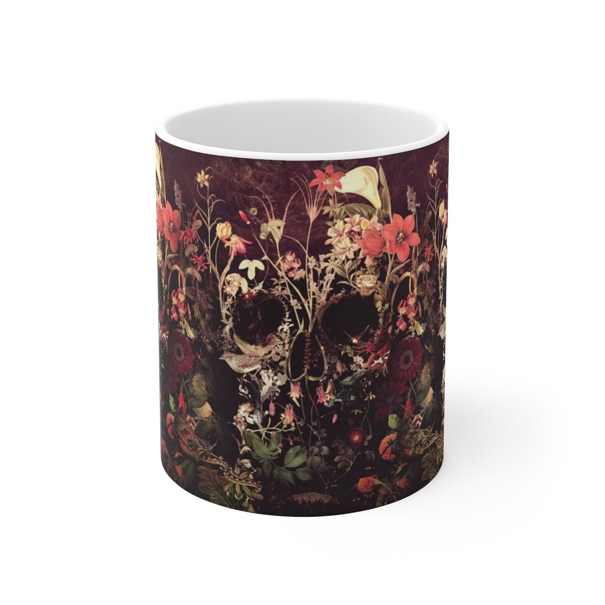 Floral Skull Mug, Flower Sugar Skull Mug Gift, Boho Skull Ceramic Coffee Mug, Gothic Skull Art Drawing Mug