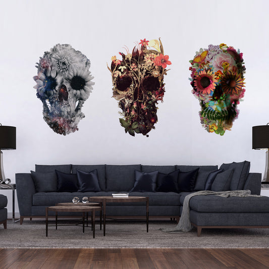 Set Of 3 Wall Decal Set, Floral Skull Wall Sticker, Sugar Skull Wall Art Home Decor, Skull Wall Art Gift, Boho Flower Skull Wall Decal