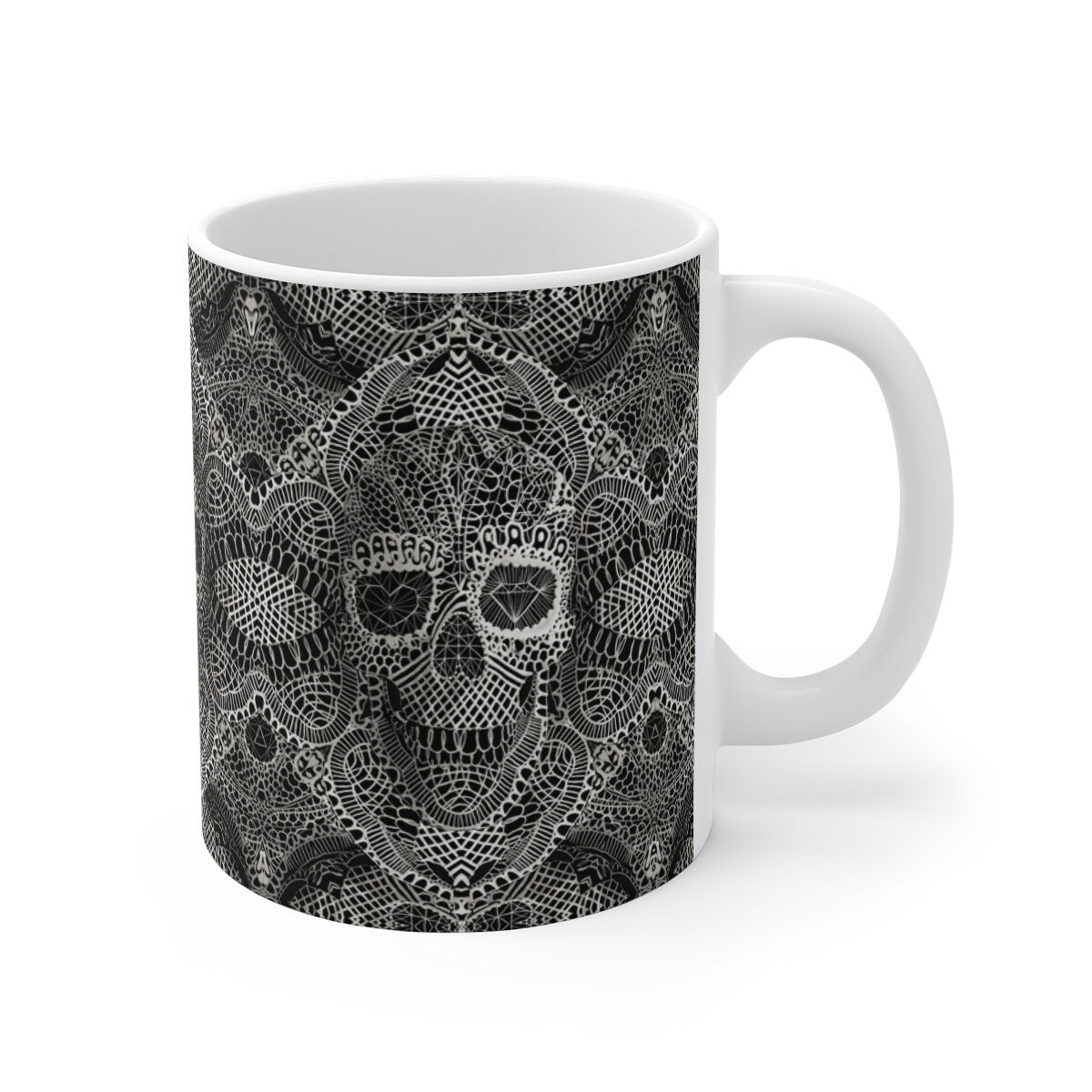 Gothic Skull Mug Gift, Lace Pattern Mug, Line Art Skull Ceramic Coffee Mug, Dark Art Skull Mug, Sugar Skull Art Gothic Kitchenware Gift