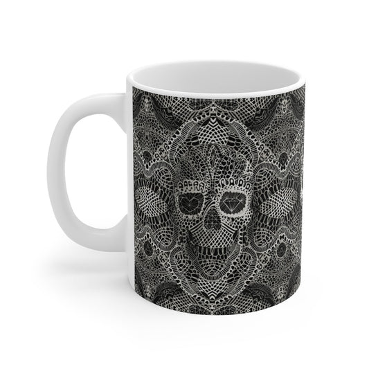 Gothic Skull Mug Gift, Lace Pattern Mug, Line Art Skull Ceramic Coffee Mug, Dark Art Skull Mug, Sugar Skull Art Gothic Kitchenware Gift