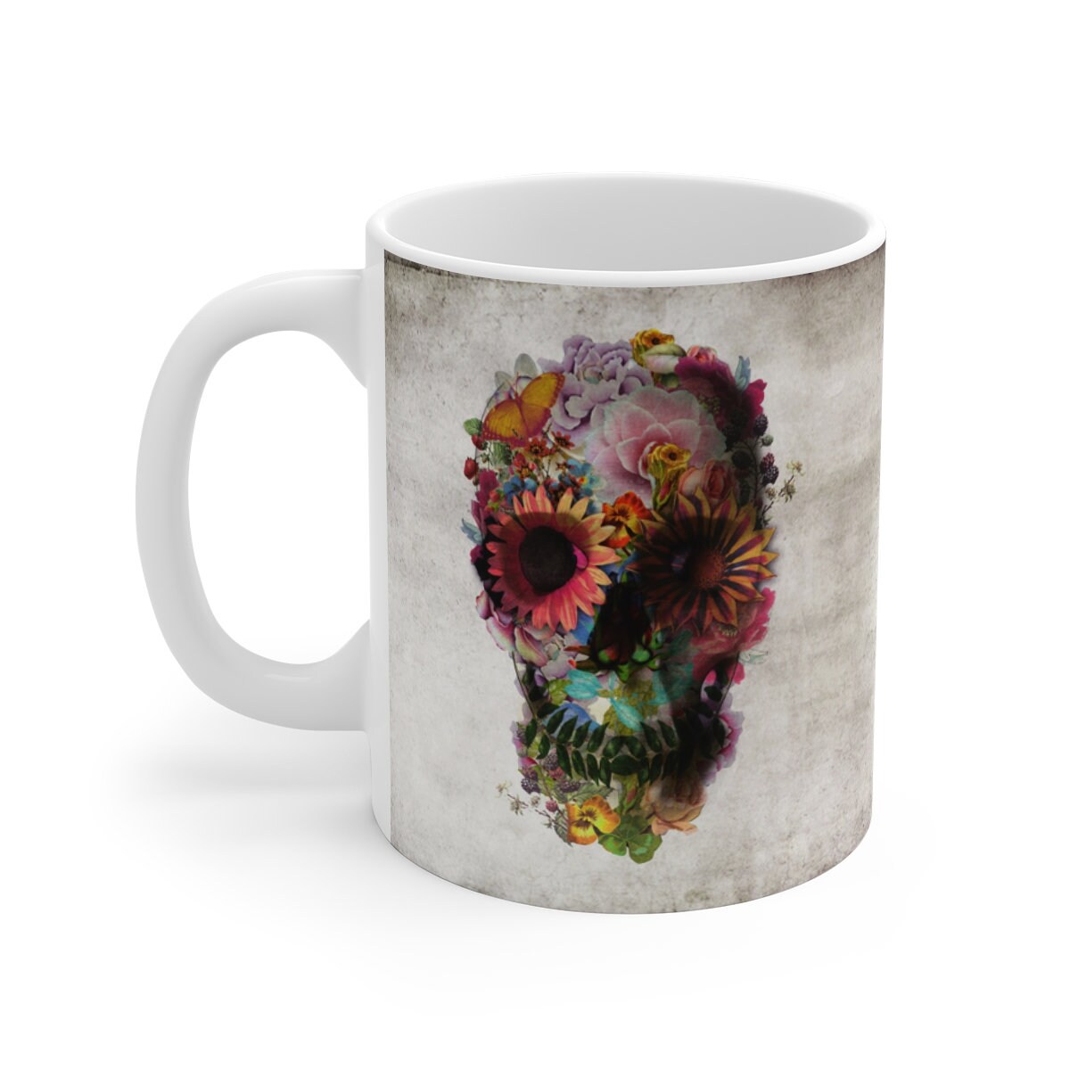 Flower Skull Mug, Sugar Skull Mug Gift, Boho Skull Ceramic Coffee Mug, Gothic Floral Skull Art Mug, Skull Art Print Mug Gift