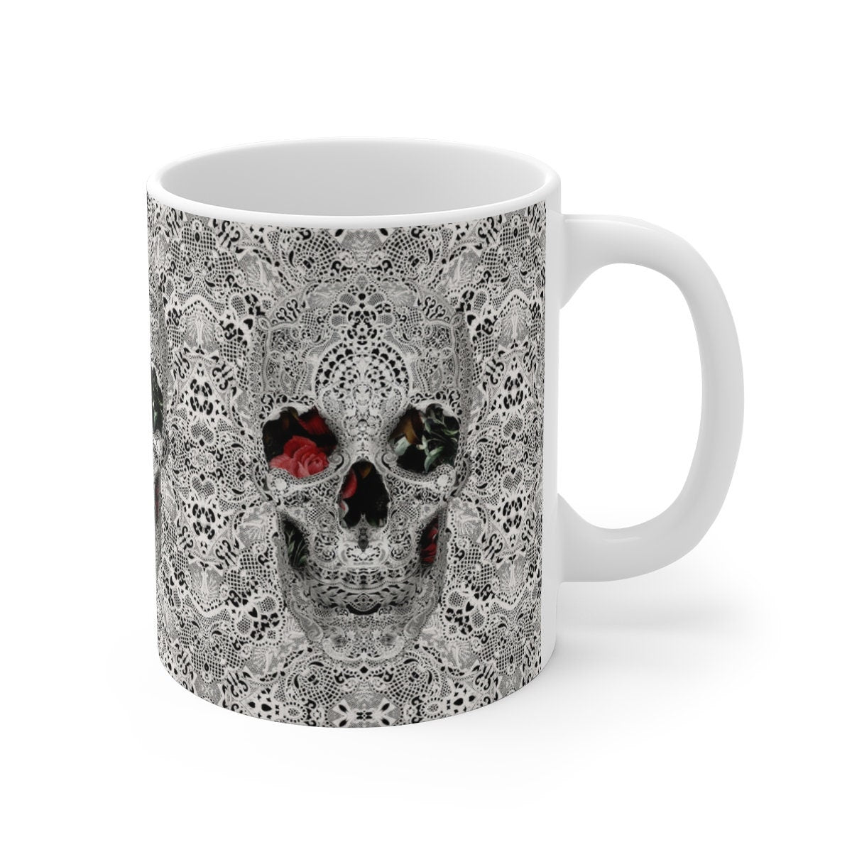 Skull Mug Gift, Sugar Skull Pattern Mug, Lace Skull Ceramic Coffee Mug, Gothic Floral Skull Mug, Sugar Skull Art Gothic Kitchenware Gift