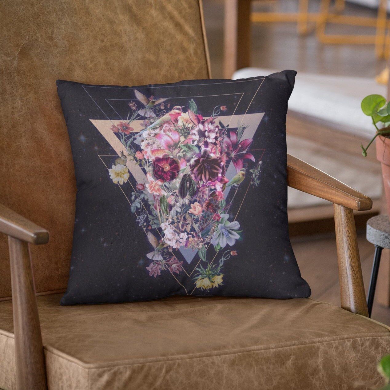 Floral Skull Throw Pillow, Boho Skull Spun Polyester Square Pillow, Gothic Sugar Skull Home Decor, Black Flower Skull Pillow Decor Gift