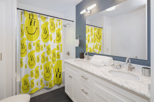 Smiley Shower Curtain, Funny Art Print Shower Curtain, Glitch Art Shower Curtain Home Decor, Smiley Bathroom Decor