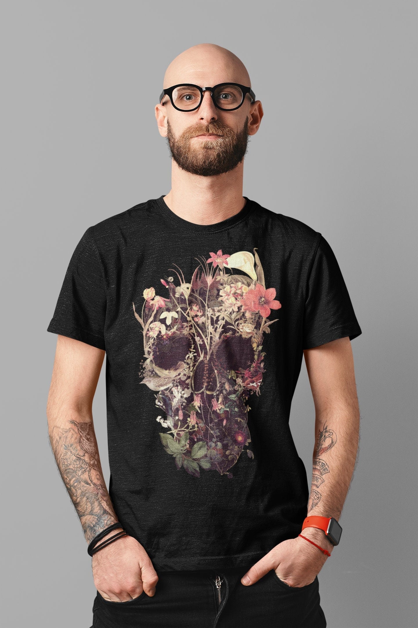 Bloom Skull Men's T-shirt, Sugar Skull Art Mens T Shirt, Skull Art Print Gift For Him