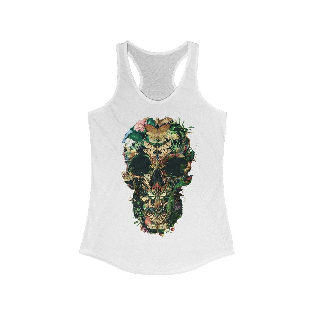 Butterfly Skull Women's Tank Top, Womens Racerback Sugar Skull Tank Top, Gothic Flower Skull Tank Top Gift For Her