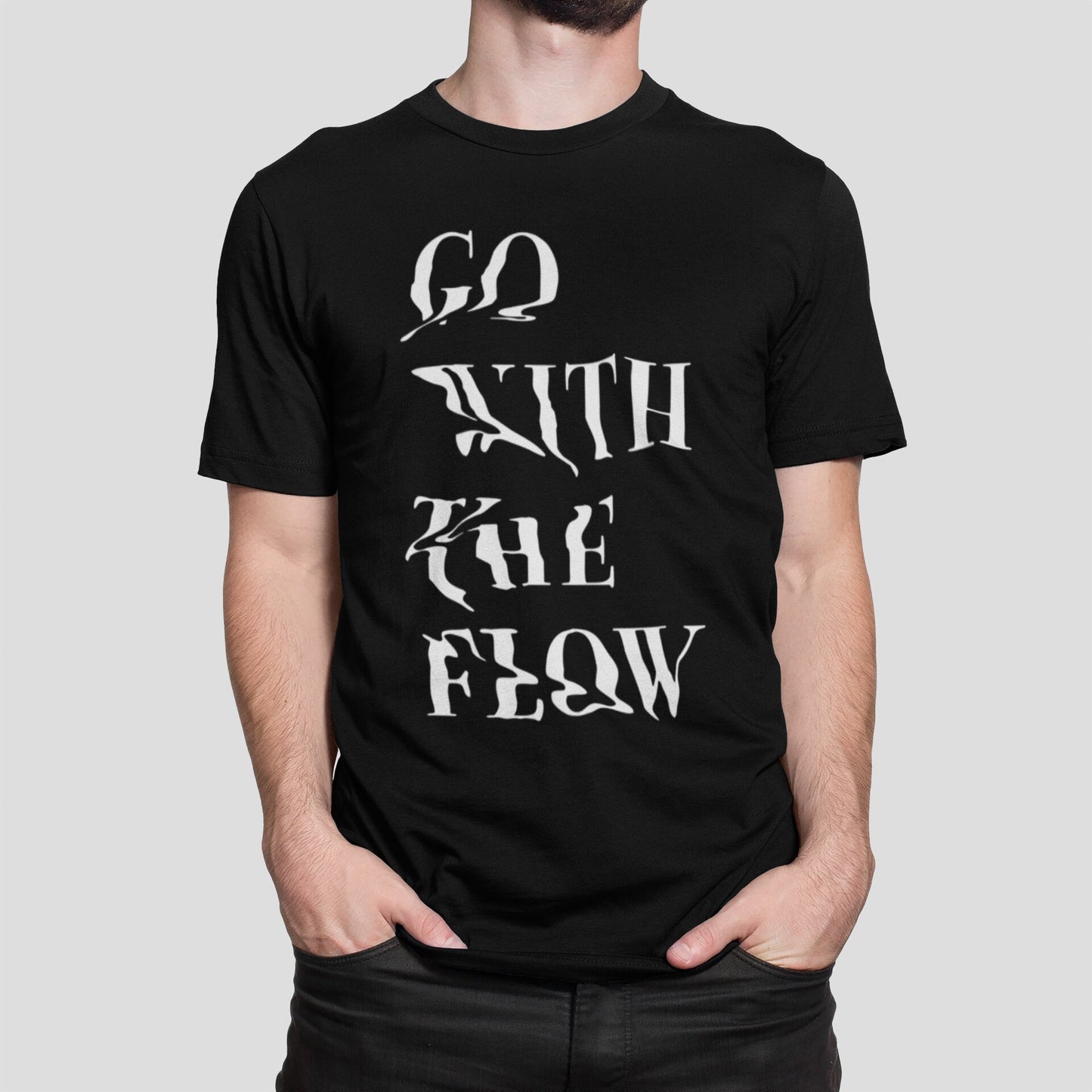 Go With The Flow Men's T-shirt, Mens Slogan Tees, Glitch Art T Shirt, Motto Mens TShirt, Humor T-Shirt, Original Illustration By Ali Gulec