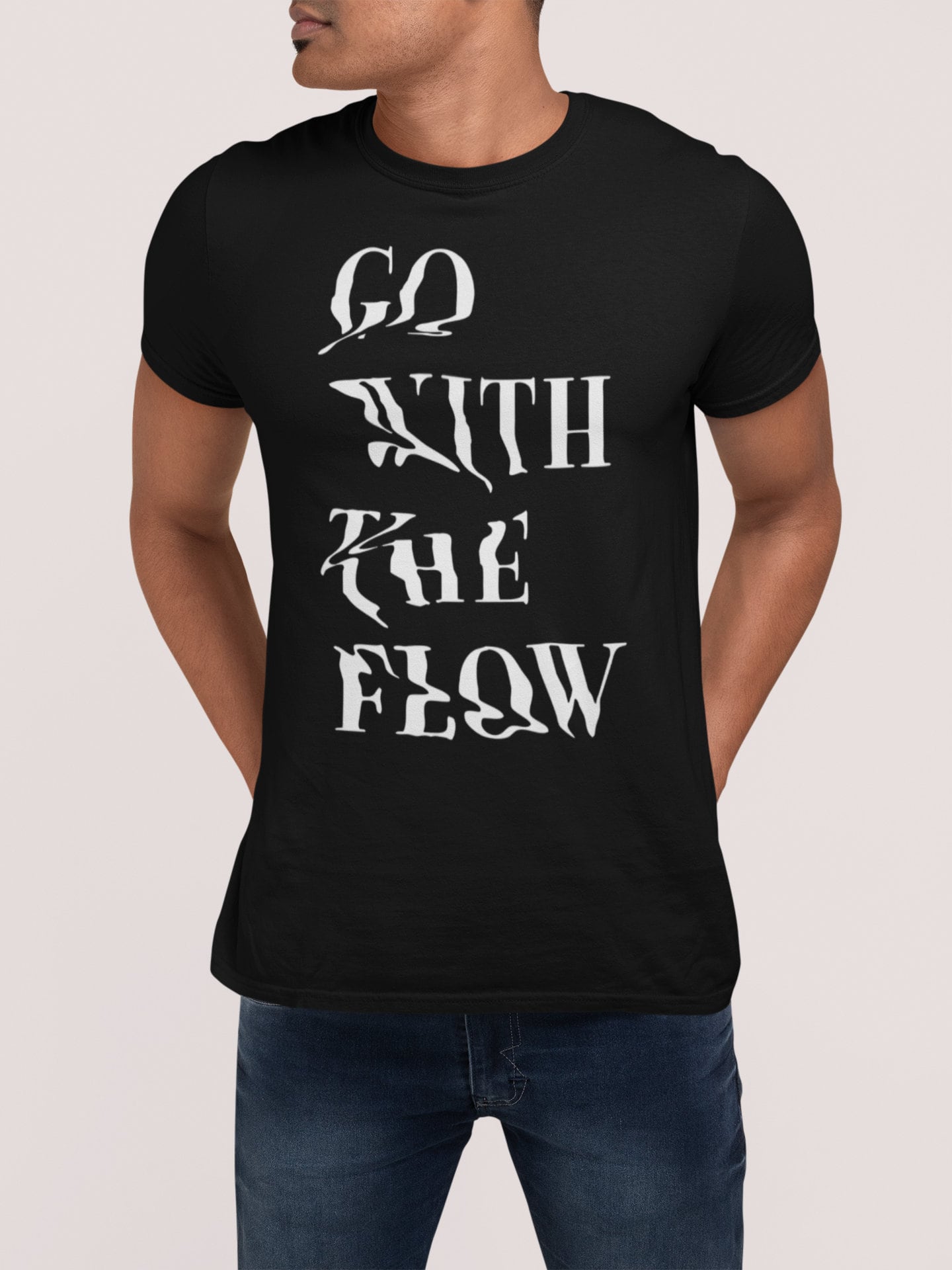Go With The Flow Men's T-shirt, Mens Slogan Tees, Glitch Art T Shirt, Motto Mens TShirt, Humor T-Shirt, Original Illustration By Ali Gulec