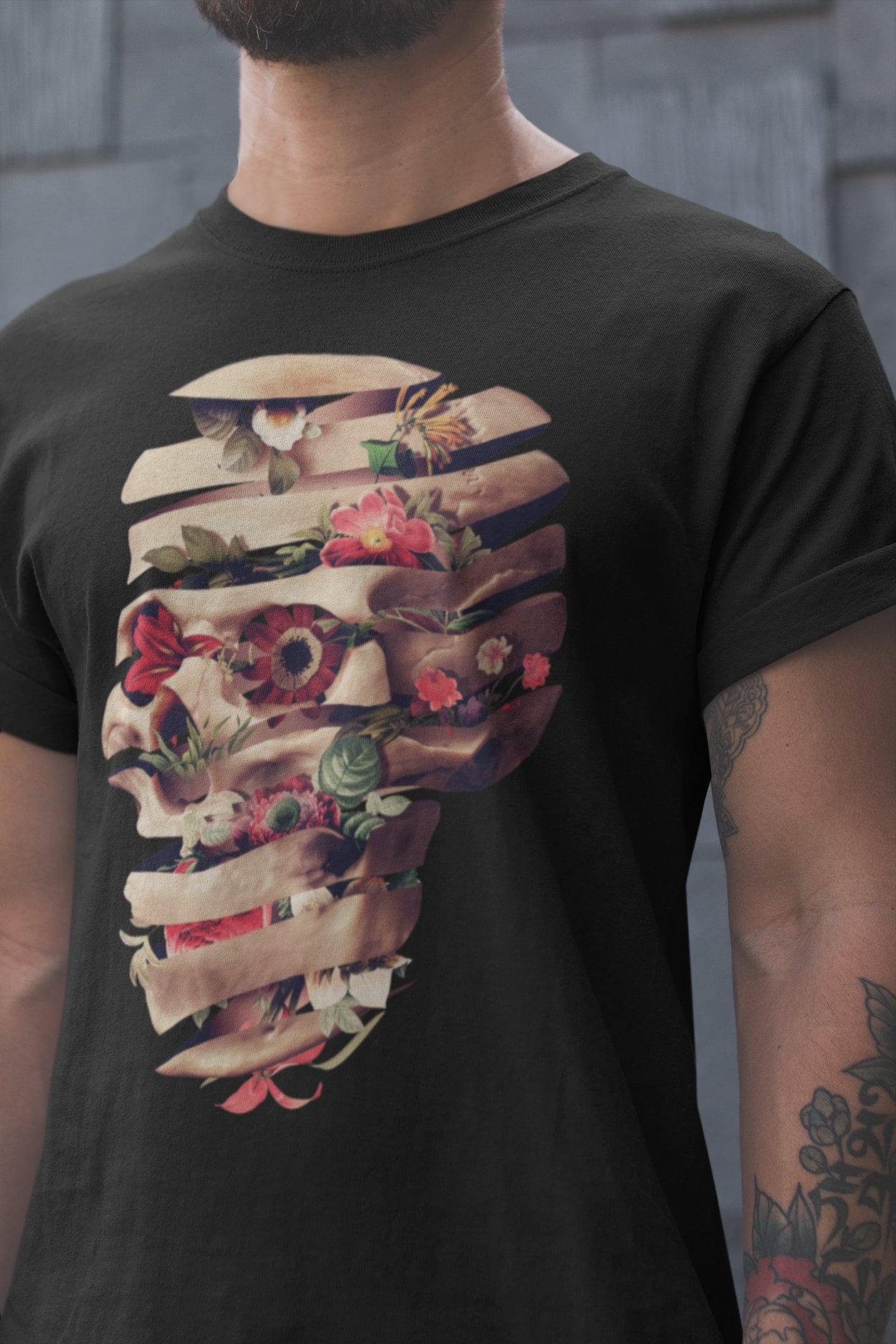 Flower Skull Men's T-shirt, Sugar Skull Art Mens T Shirt, Peeled Skull Print Gift For Him, Bella Canvas T Shirt, Gothic Skull Art Mens Shirt