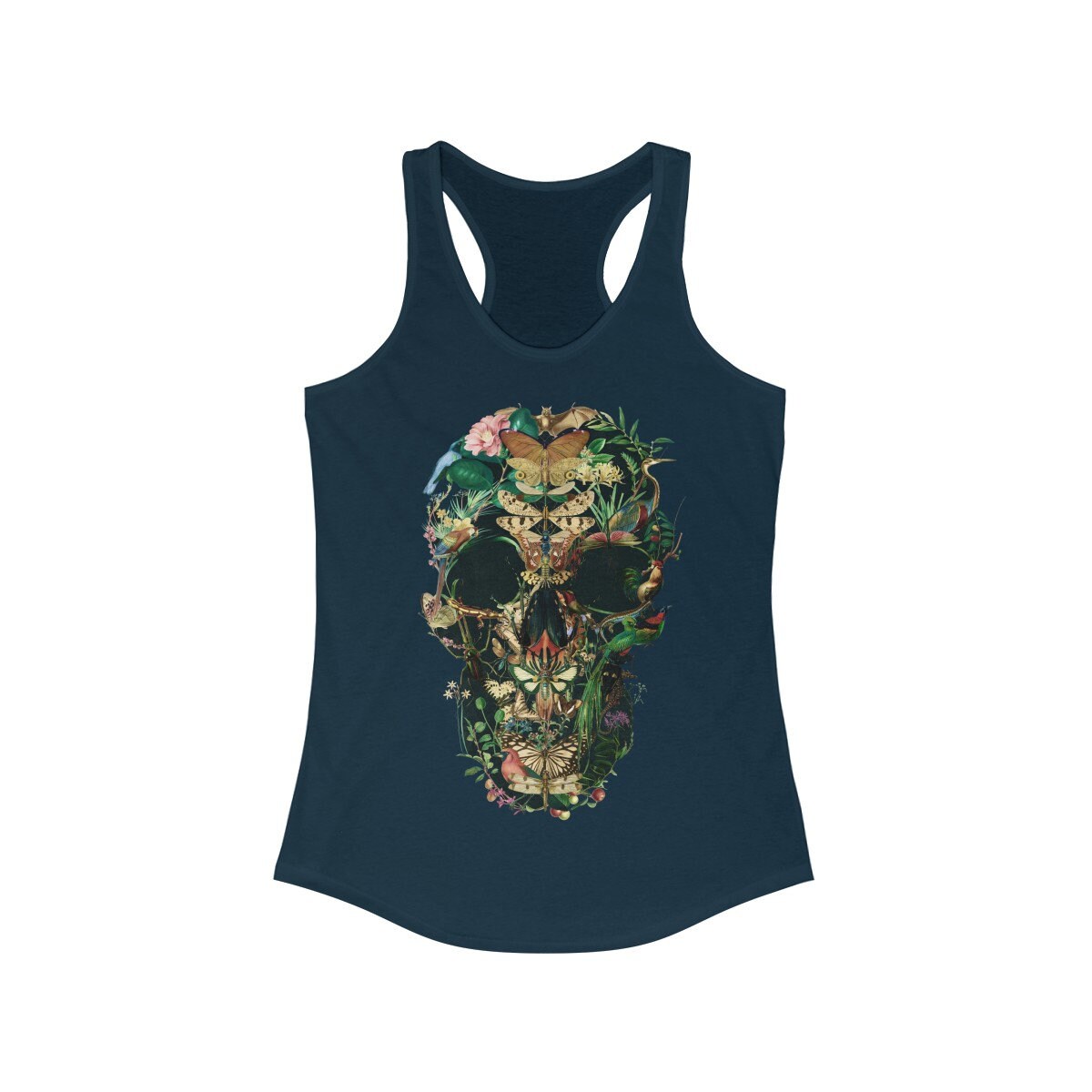 Butterfly Skull Women's Tank Top, Womens Racerback Sugar Skull Tank Top, Gothic Flower Skull Tank Top Gift For Her