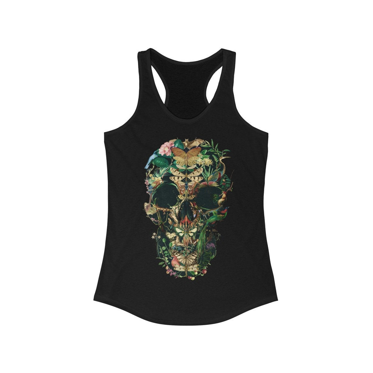Butterfly Skull Women's Tank Top, Womens Racerback Sugar Skull Tank Top, Gothic Flower Skull Tank Top Gift For Her