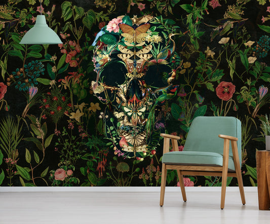 Floral Wallpaper Skull Home Decor, Flower Skull Art Print Traditional Wallpaper, High Quality Colorful Sugar Skull Wallpaper Wall Decor