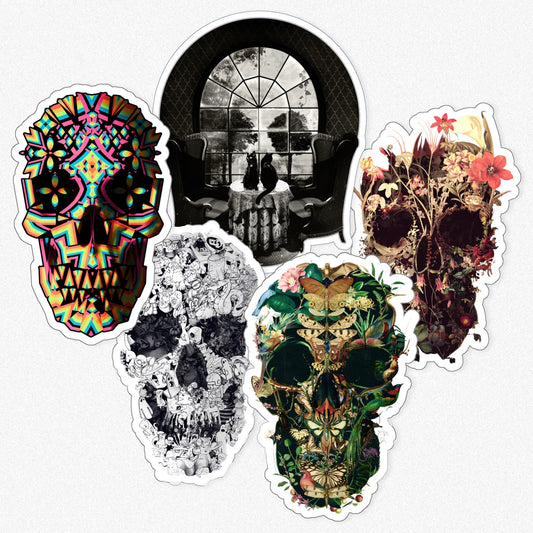 Skull Sticker Set Of Five, Skull Art Sticker Set, Gothic Skull Vinyl Sticker Set Gift, Skull Drawing Gift, Laptop Phone Kiss-Cut Sticker Set