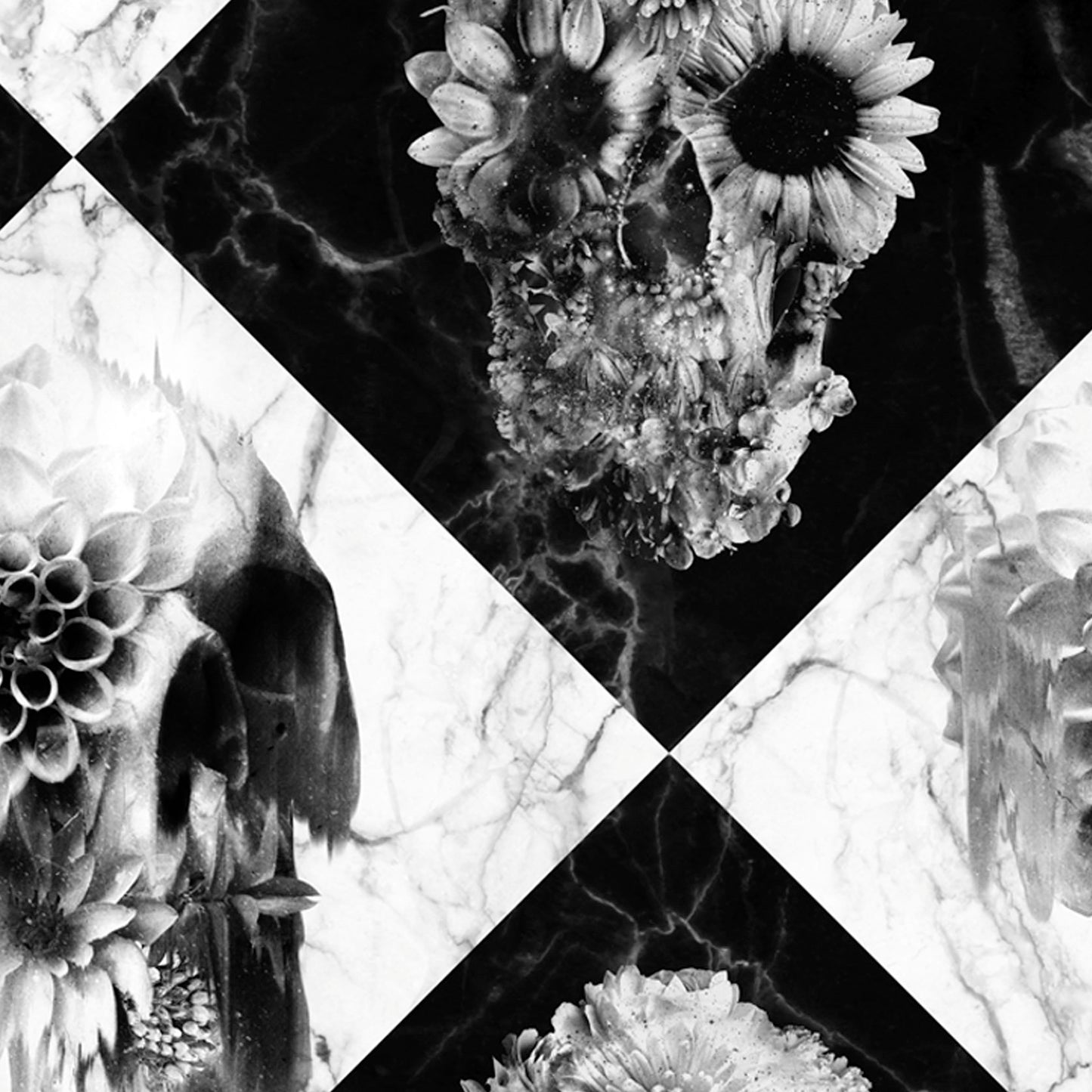 Skull Wallpaper Home Decor, Checkered Skull Art Print Traditional Wallpaper Gift, Marble Pattern Black And White Floral Wallpaper