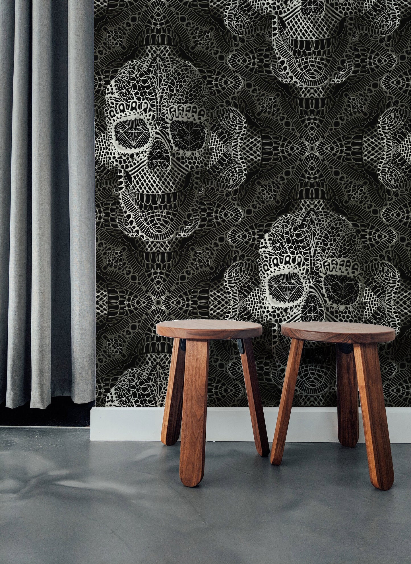 Gothic Wallpaper Home Decor, Sugar Skull Art Print Traditional Wallpaper Gift, Lace Pattern Black And White Floral Wallpaper