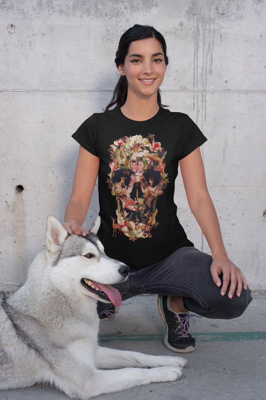 Jungle Skull Womens T-Shirt, Sugar Skull Art Tshirt Gift For Her, Floral Skull Print Boho Graphic Tee, Flower Skull Bella Canvas T-Shirt