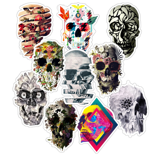 Skull Sticker Set Of Ten, Skull Art Sticker Set, Gothic Skull Vinyl Sticker Set Gift, Skull Drawing Gift, Laptop Phone Kiss-Cut Sticker Set