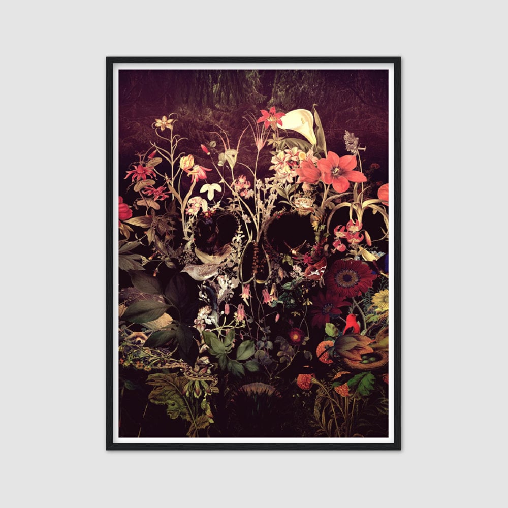Bloom Skull Framed Art Print, Sugar Skull Framed Poster Decor, Boho Skull Home Decor, Floral Skull Home Decor Gift, Gothic Skull Art Decor
