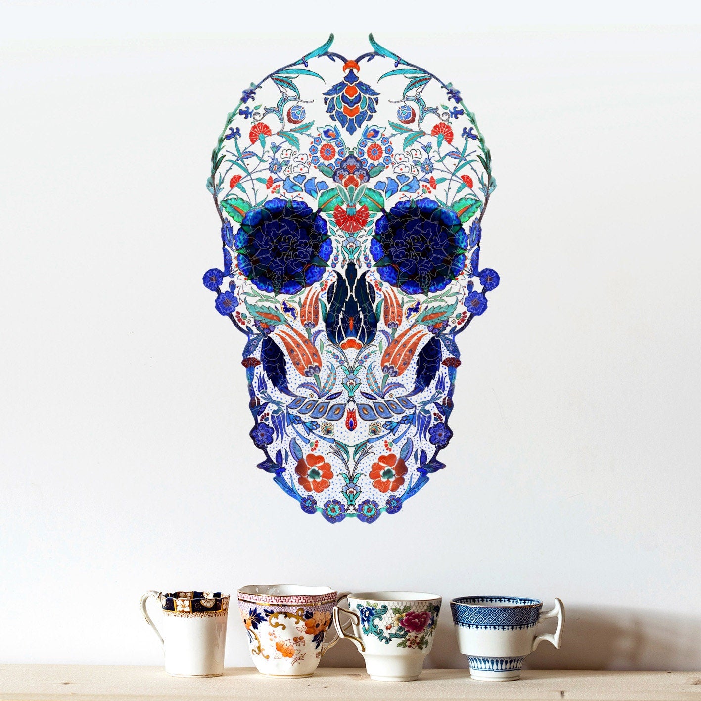 Skull Wall Decal, Boho Skull Wall Sticker, Sugar Skull Art Home Decor, Vinyl Gothic Skull Wall Art Gift, Large Sugar Skull Art Wall Decal