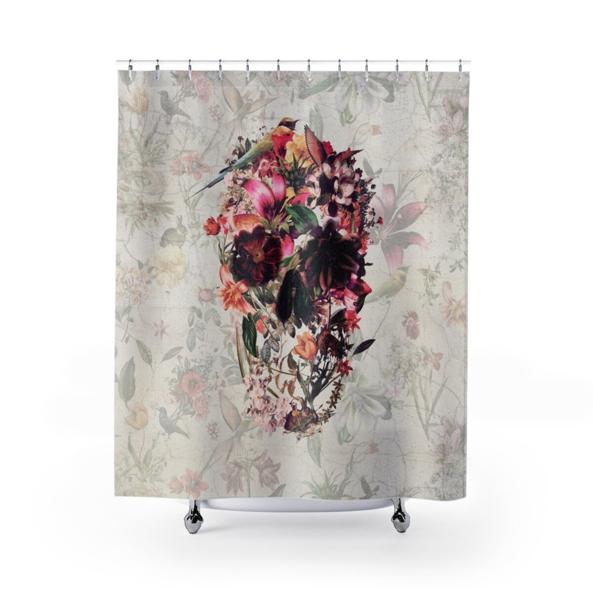 Skull Shower Curtain, Boho Skull Shower Curtain Decor, Floral Gothic Skull Shower Curtain Home Decor, Flower Sugar Skull Art Bathroom Decor