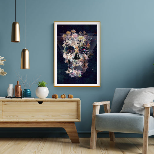 Dark Skull Poster, Sugar Skull Art Print, Floral Skull Wall Art, Skull Gift, Skull Illusion Home Decor, Illustration by Ali Gulec