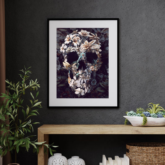 Dark Skull Poster, Gothic Skull Art Print, Detailed Flower Skull Wall Art, Halloween Skull Illusion Gift