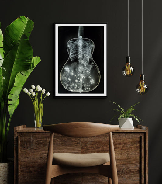 Guitar Skeleton Poster, Sugar Skull Art Print, Floral Black And White Skull Wall Art, Flower Gothic Gift