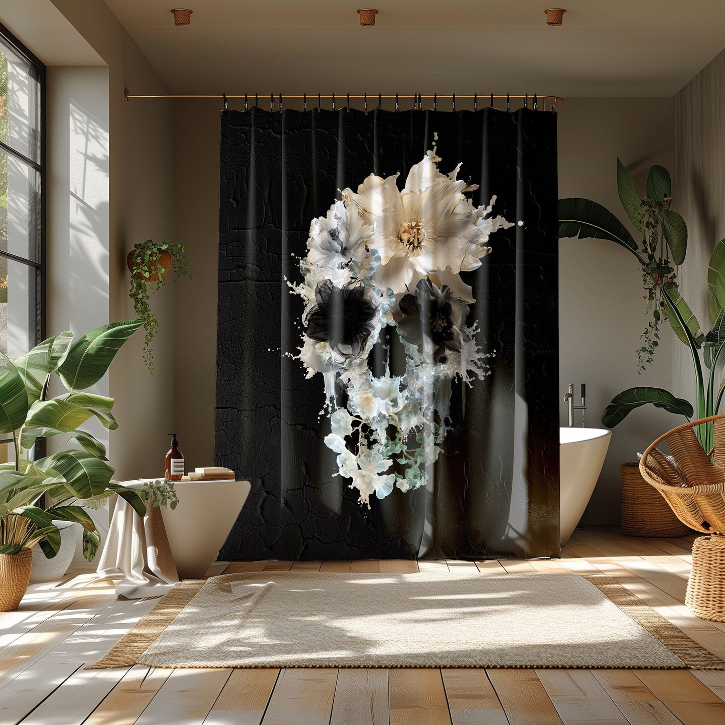 Bloom Skull Shower Curtain, Boho Shower Curtain Bathroom Decor, Gothic Sugar Skull Shower Curtain Home Decor