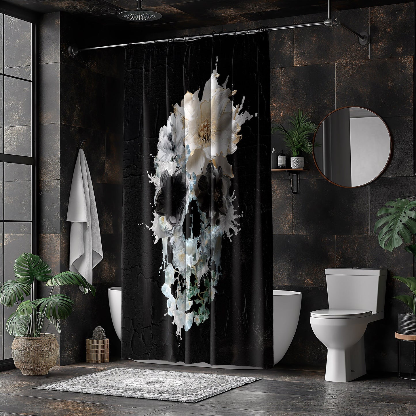 Bloom Skull Shower Curtain, Boho Shower Curtain Bathroom Decor, Gothic Sugar Skull Shower Curtain Home Decor