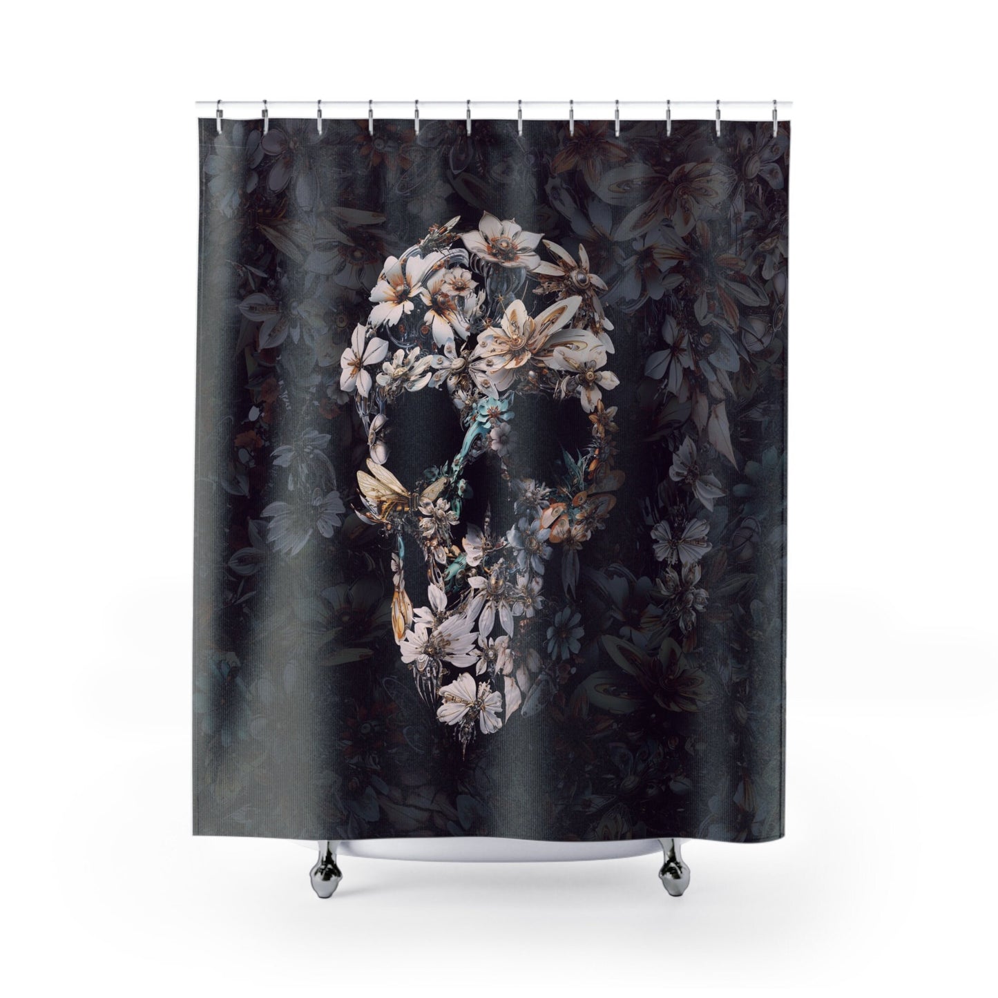Floral Bloom Shower Curtain, Skull Shower Curtain Bathroom Decor, Modern Gothic Home Decor