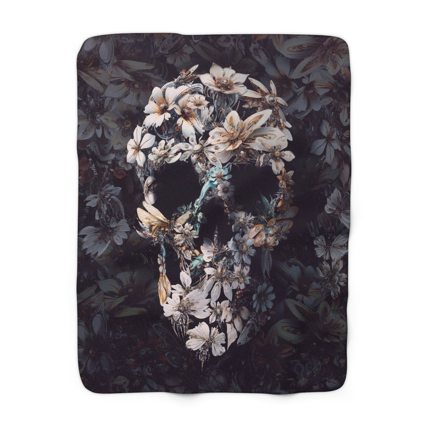 Cozy Sherpa Fleece Blanket, Floral Skull Fleece Blanket, Flower Skull Plush Back Fluffy Throw Blanket