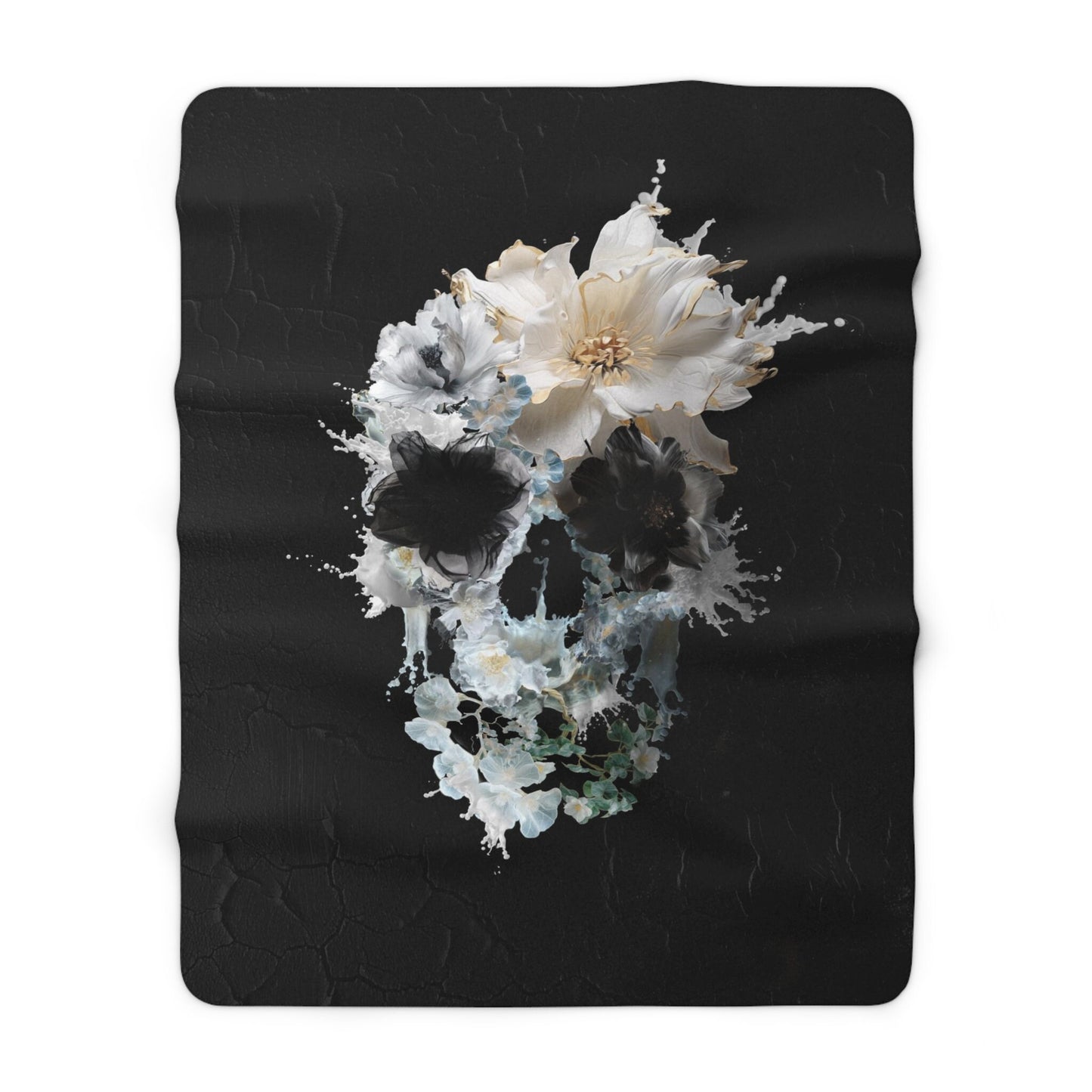 Bloom Sherpa Fleece Blanket, Gothic Skull Cozy Fleece Blanket, Black And White Floral Skull Blanket, Plush Back Fluffy Throw Blanket