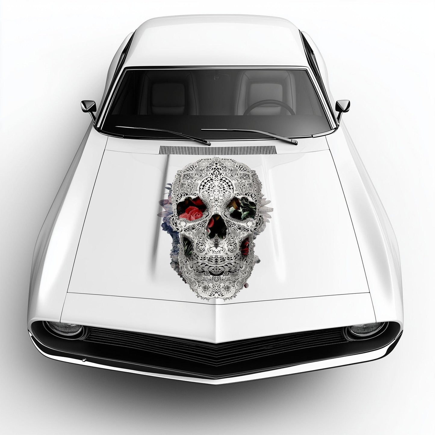 Skull Car Hood Decal, Skull Art Hood Sticker, Black And White Sugar Skull Art Car Decor, Gothic Skull Hood Art Gift, Floral Skull Decal