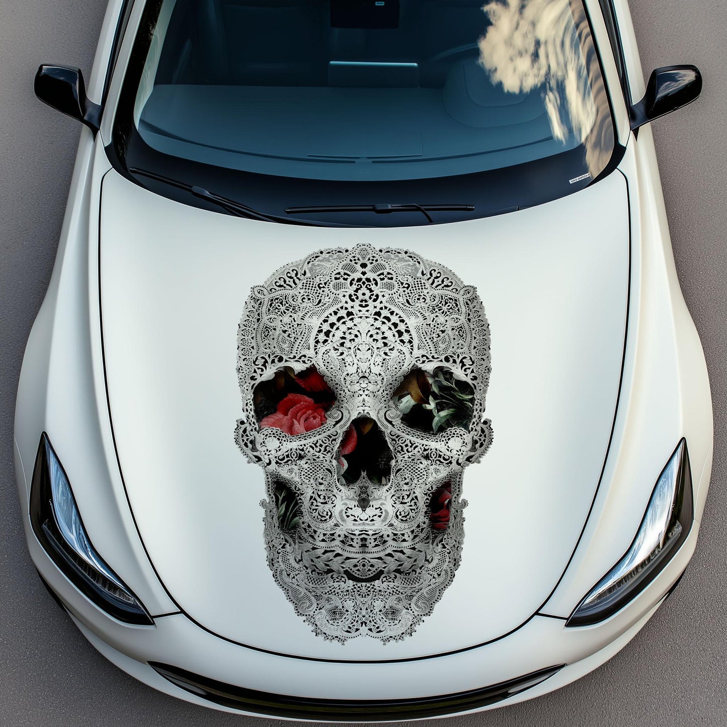 Skull Car Hood Decal, Skull Art Hood Sticker, Black And White Sugar Skull Art Car Decor, Gothic Skull Hood Art Gift, Floral Skull Decal