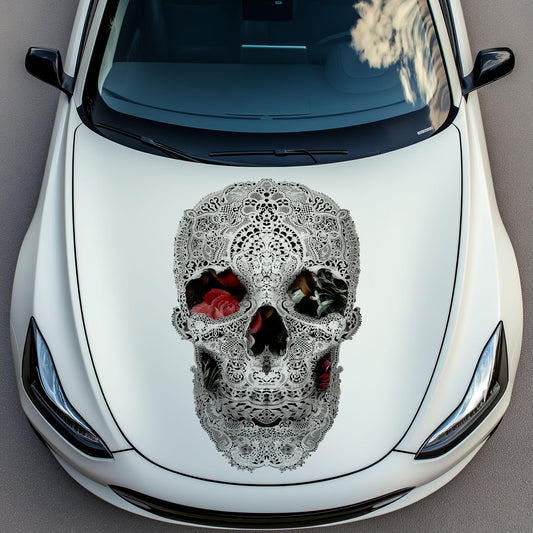 Skull Car Hood Decal, Skull Art Hood Sticker, Black And White Sugar Skull Art Car Decor, Gothic Skull Hood Art Gift, Floral Skull Decal