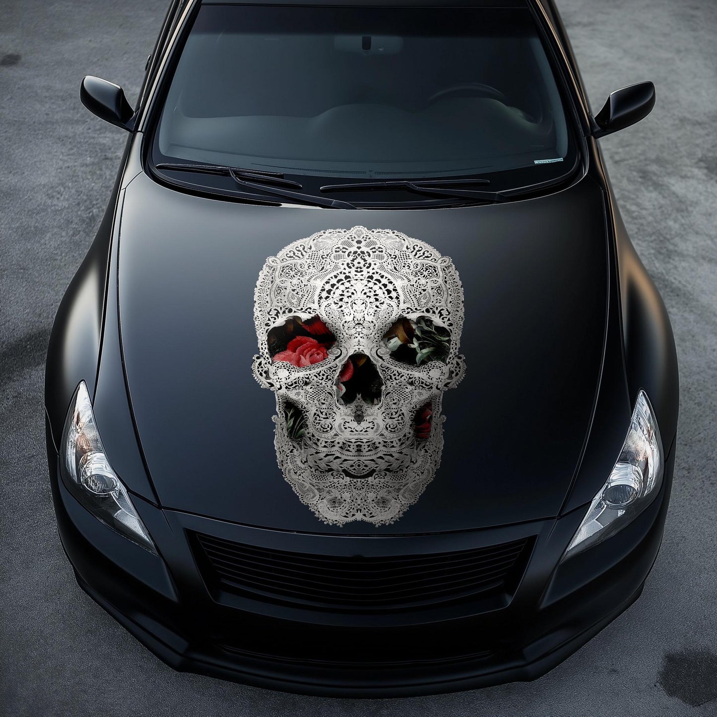 Skull Car Hood Decal, Skull Art Hood Sticker, Black And White Sugar Skull Art Car Decor, Gothic Skull Hood Art Gift, Floral Skull Decal