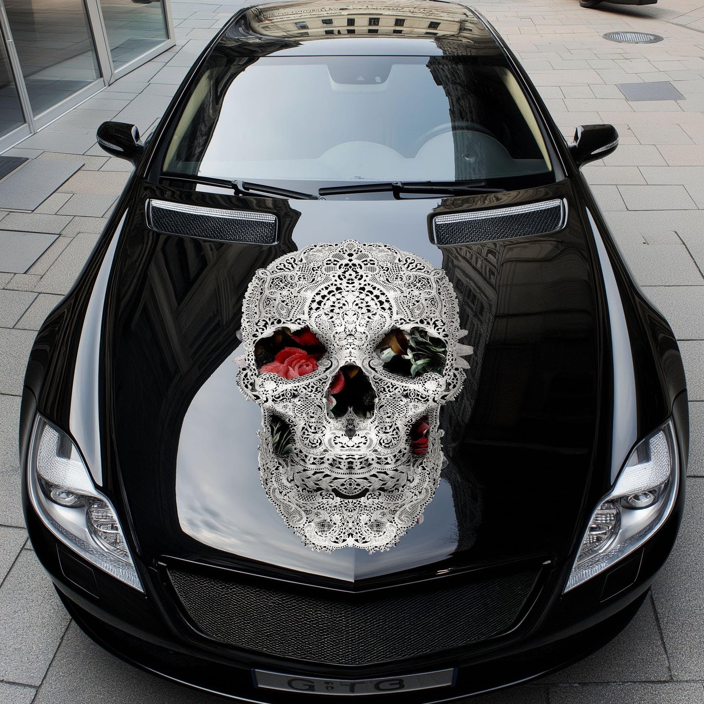 Skull Car Hood Decal, Skull Art Hood Sticker, Black And White Sugar Skull Art Car Decor, Gothic Skull Hood Art Gift, Floral Skull Decal
