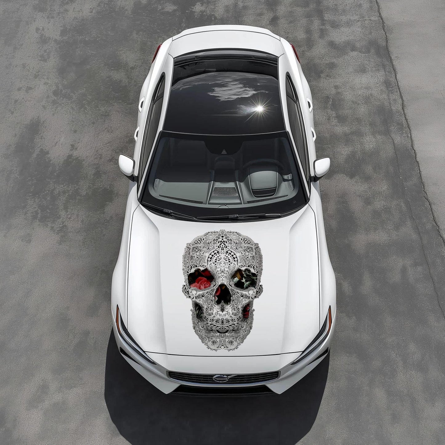 Skull Car Hood Decal, Skull Art Hood Sticker, Black And White Sugar Skull Art Car Decor, Gothic Skull Hood Art Gift, Floral Skull Decal