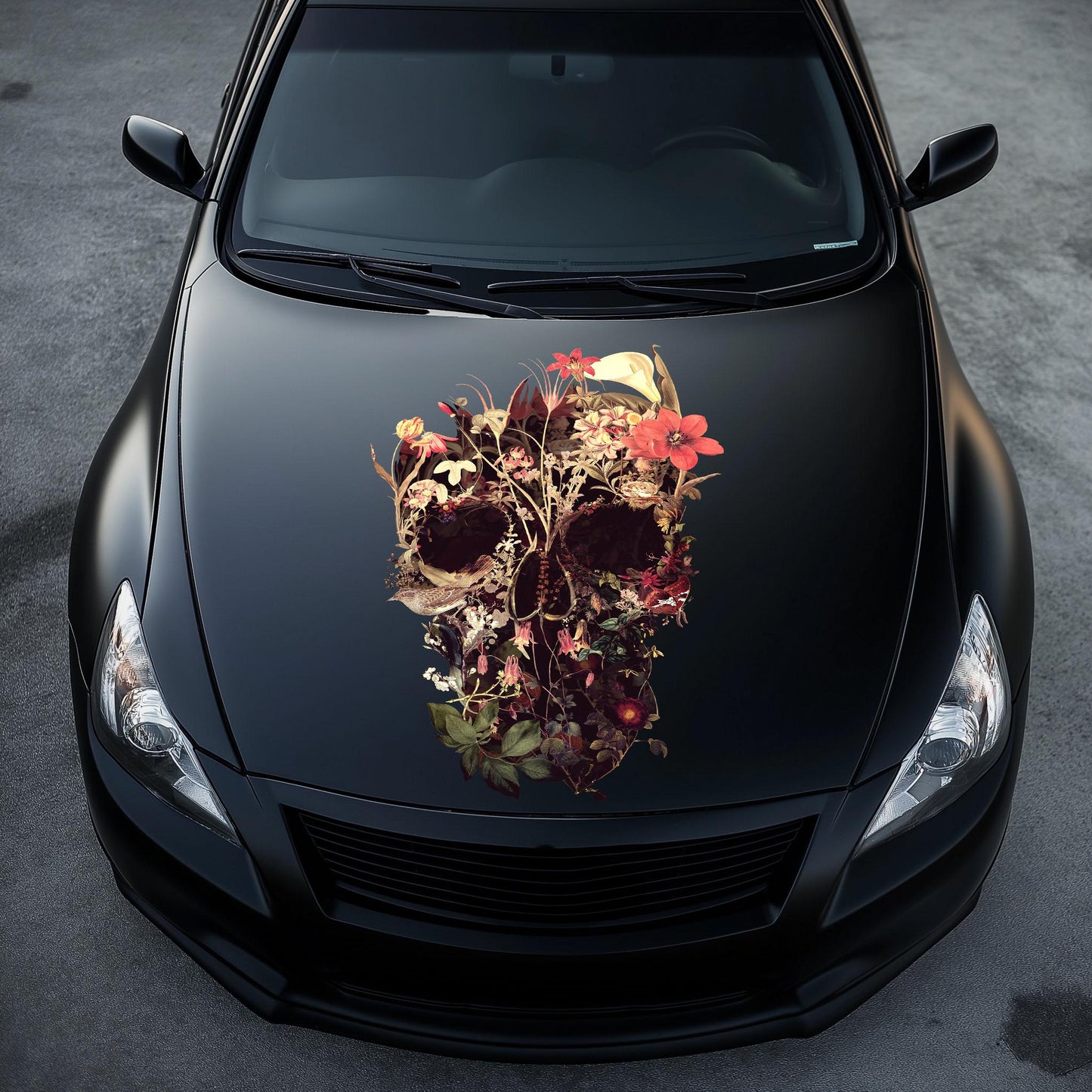 Bloom Skull Hood Decal, Boho Art Hood Sticker, Floral Sugar Skull Art Car Decor, Gothic Skull Hood Art Gift, Flower Skull Decal