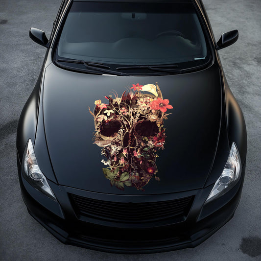 Bloom Skull Hood Decal, Boho Art Hood Sticker, Floral Sugar Skull Art Car Decor, Gothic Skull Hood Art Gift, Flower Skull Decal