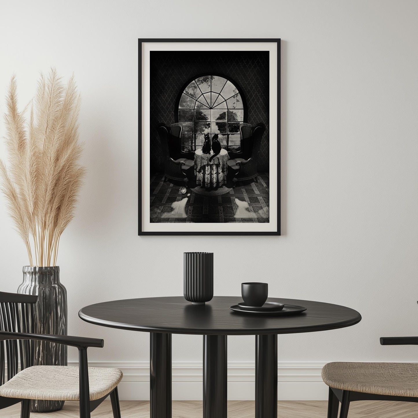 Gothic Room Skull Art with Cats | Canvas & Framed Options